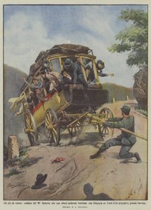 De daden van moed, soldaat van de 90e infanterie die met krachtige inspanningen een diligence tegenhoudt